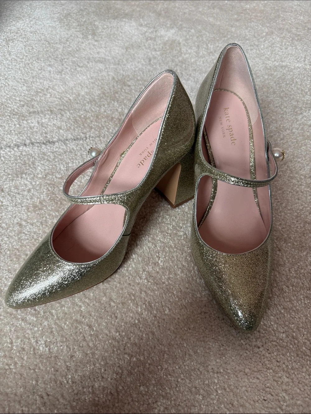 kate spade Gold Glitter Pearl Strap Mary Jane Block Heels - Picture 1 of 7